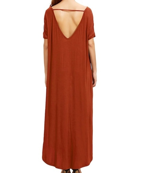 Casual Short Sleeve Orange Pocket Split Slide Dres - Picture 2 of 4